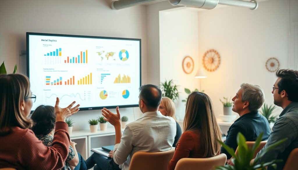 A cozy, well-lit office scene with a team of diverse professionals engaged in a presentation. A large screen displays infographics and data visualizations, capturing the audience's attention. In the foreground, a presenter gestures animatedly, making eye contact with the attentive onlookers. The middle ground features a mix of professionals of various ages, ethnicities, and genders, their expressions ranging from thoughtful to intrigued. The background showcases a modern, minimalist workspace with clean lines, potted plants, and subtle wall decor, creating a sense of professionalism and focus. The lighting is warm and inviting, complementing the collaborative atmosphere. The overall composition conveys the importance of understanding and identifying the target audience for effective marketing and advertising.