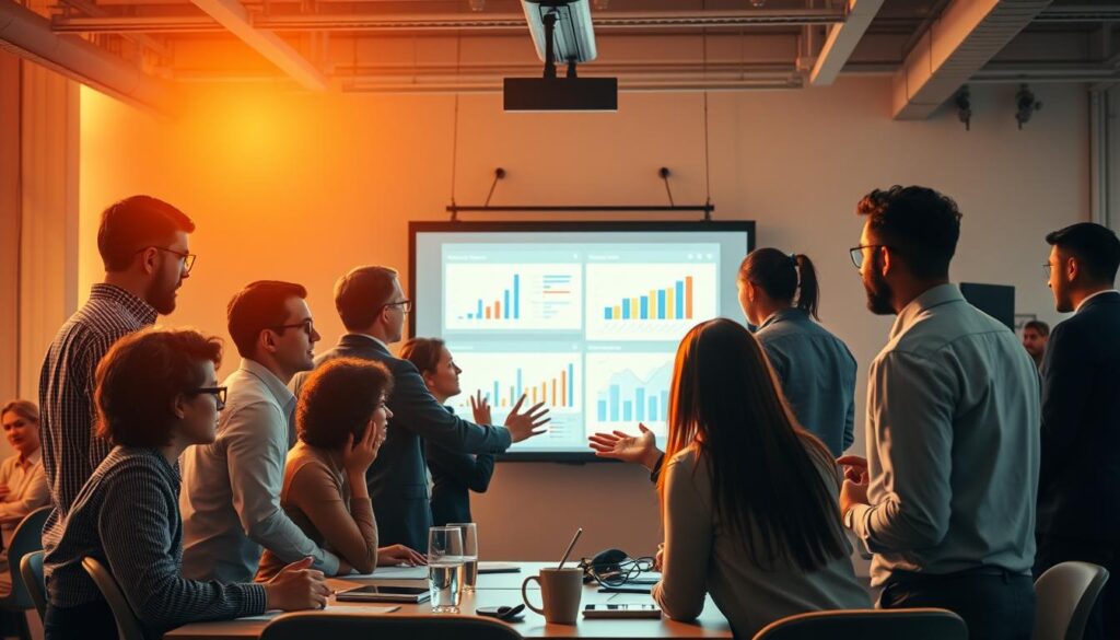 A bustling office scene, with a group of professionals intently analyzing data and charts projected on a large screen. Warm, directional lighting casts a focused glow, conveying a serious, analytical atmosphere. The middle ground features a diverse team huddled around a table, engaged in lively discussion, gesturing towards the visuals. In the background, the office environment is crisp and modern, with clean lines and minimalist decor, emphasizing the importance of audience research and strategy. The overall composition suggests a methodical, data-driven approach to understanding the target audience.