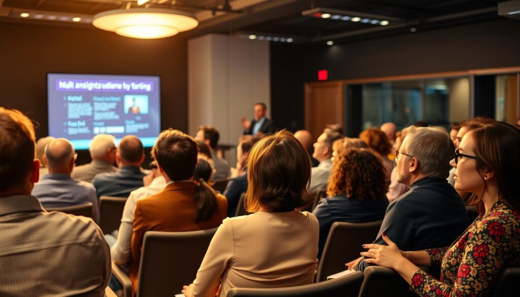 A bustling conference room, the air charged with anticipation. In the foreground, a diverse group of individuals sit attentively, their eyes fixed on a presentation screen. The lighting is bright and warm, casting a professional glow over the scene. In the middle ground, a presenter stands at a lectern, gesturing animatedly as they articulate key insights on audience targeting. The background is blurred, but hints at a modern, well-appointed office space, complete with sleek furniture and subtle branding elements. The overall mood is one of focused engagement, as the audience participants lean in, eager to uncover the secrets to effectively reaching their desired customer base.