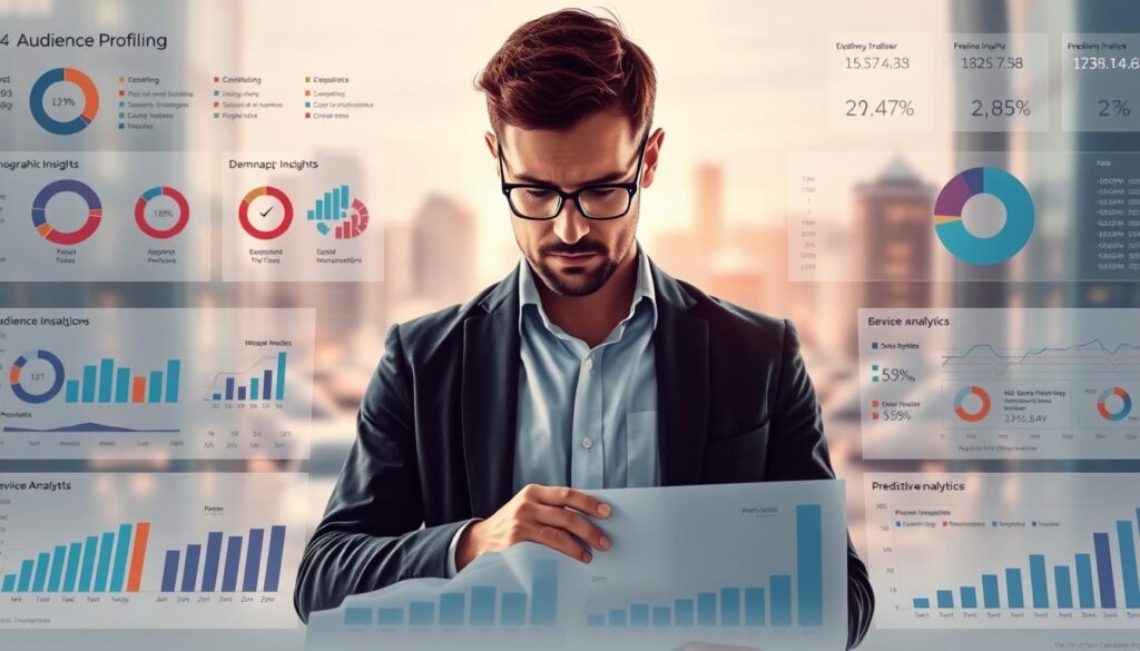 A detailed, technical illustration of audience profiling techniques. In the foreground, a data visualization dashboard displays demographic insights, user segments, and predictive analytics. Centered is a focused, mid-shot of a data analyst scrutinizing the information, with a contemplative expression. The background features a blurred cityscape, conveying the scale and importance of audience insights to modern business strategy. The lighting is soft and indirect, creating depth and emphasizing the analytical nature of the scene. The overall tone is one of thoughtful professionalism, reflecting the nuanced process of crafting detailed customer personas.