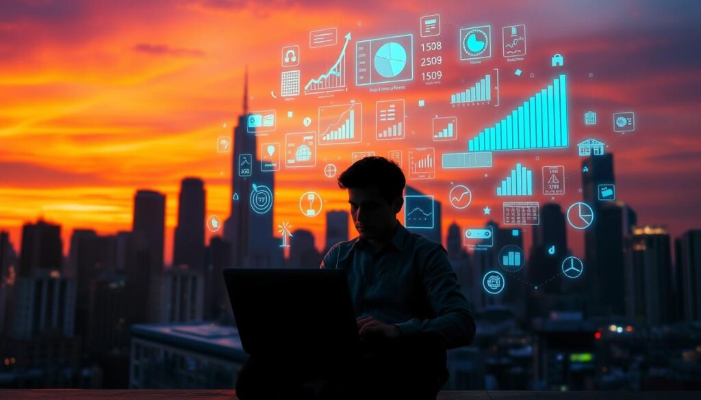 A bustling city skyline at dusk, the silhouettes of skyscrapers against a vibrant orange-purple sky. In the foreground, a lone entrepreneur sits pensively, laptop open, surrounded by a whirlwind of holographic charts, graphs, and figures - the challenges of starting a business made tangible. Subtle lighting highlights the determined expression on their face, the weight of responsibility palpable. The overall scene conveys a sense of resilience and perseverance in the face of adversity, a metaphor for the "Conquering Entrepreneurs' Challenges: Real-Life Insights" theme.