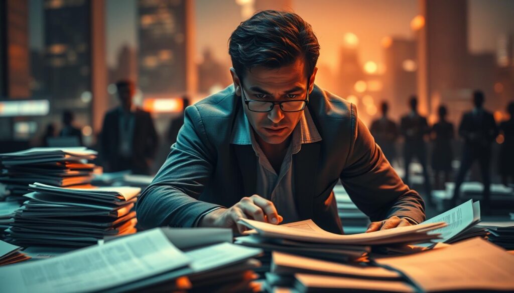 A determined entrepreneur navigates a maze of obstacles, their path illuminated by a warm spotlight. In the foreground, they deftly maneuver around piles of financial documents and ledgers, their brow furrowed with concentration. In the middle ground, shadowy silhouettes of lenders and investors loom, casting a sense of uncertainty. The background is blurred, but hints at a bustling cityscape, symbolizing the larger business landscape. The scene is rendered with a cinematic, dramatic lighting, conveying the high-stakes, high-tension nature of overcoming financial hurdles. The overall mood is one of perseverance, resilience, and the relentless drive to succeed.