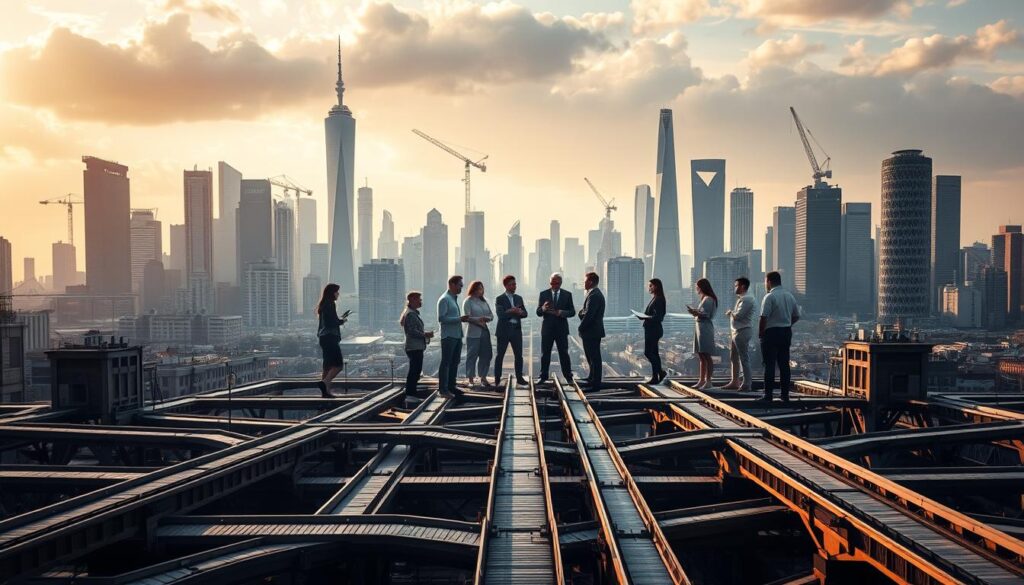 A bustling city skyline in the background, towering skyscrapers and cranes casting long shadows. In the middle ground, a diverse group of entrepreneurs engaged in intense discussions, charts and graphs displayed on digital tablets. In the foreground, a labyrinth of pathways and bridges, representing the complex web of market penetration strategies. Lighting is a mix of warm natural tones and cool industrial hues, creating a sense of dynamism and urgency. The overall atmosphere conveys the challenges and opportunities of conquering new markets, with a focus on collaboration, competition, and innovative thinking.