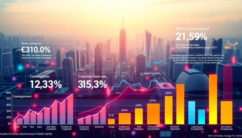 A vibrant infographic depicting the growth statistics of the e-commerce industry in emerging markets. The foreground showcases dynamic charts and graphs, illustrating the upward trajectory of online retail sales, customer base, and revenue across key regions. The middle ground features abstract geometric shapes and glowing data visualizations, conveying the technological innovation driving this sector. The background presents a sleek, minimalist cityscape, suggesting the urban centers fueling this digital revolution. Soft, directional lighting accentuates the data points, while a wide-angle lens captures the comprehensive scope of this e-commerce landscape. The overall mood is one of progress, dynamism, and the vast potential of emerging markets in the digital economy.