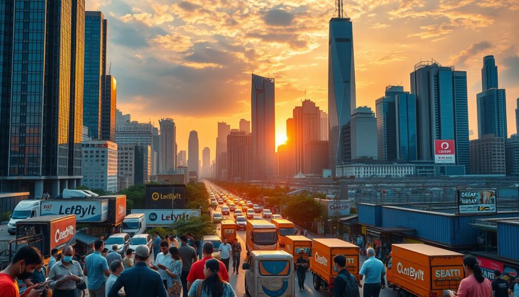 A bustling city skyline in an emerging market, with towering skyscrapers and a vibrant street scene below. In the foreground, people are engaged in various e-commerce activities, using smartphones and tablets to browse, purchase, and interact with online platforms. The middle ground showcases an array of delivery vehicles and logistics infrastructure, reflecting the rapid growth of e-commerce logistics. The background is illuminated by a warm, golden-hour light, creating a sense of optimism and opportunity. The overall atmosphere conveys the dynamism and potential of e-commerce in emerging markets.