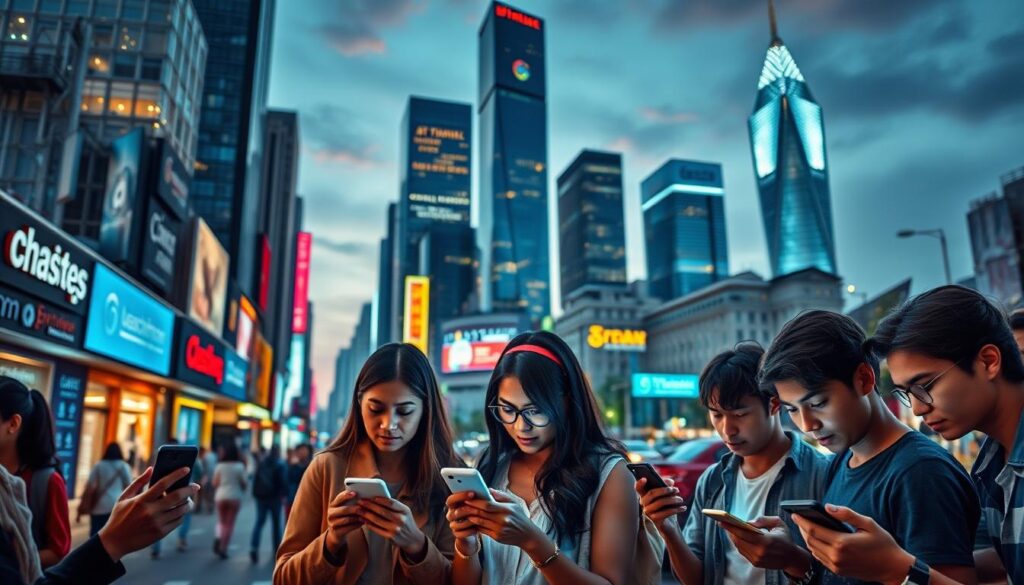 A bustling city skyline at dusk, with towering skyscrapers and a vibrant street scene below. In the foreground, a group of diverse individuals engrossed in their mobile devices, their faces illuminated by the glow of the screens. Seamless digital transactions are taking place, as e-commerce transactions unfold against a backdrop of neon-lit storefronts and a constant flow of pedestrian traffic. The scene conveys a sense of the mobile commerce revolution, highlighting the ubiquity of digital technology and the changing landscape of consumer behavior in emerging markets.