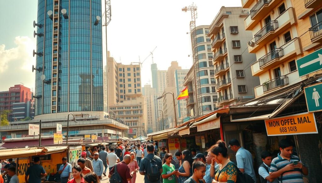 A bustling cityscape in an emerging market, showcasing the rapid digital transformation. In the foreground, a modern high-rise with sleek glass facades and an array of satellite dishes, symbolizing advanced telecommunications infrastructure. In the middle ground, a vibrant street market with vendors using mobile devices and digital payment systems, reflecting the integration of e-commerce. The background features a blend of traditional and contemporary architecture, hinting at the juxtaposition of old and new. Warm, golden lighting casts a hopeful glow, conveying the energy and potential of digital progress in these developing regions. Captured with a wide-angle lens to emphasize the scope of change.