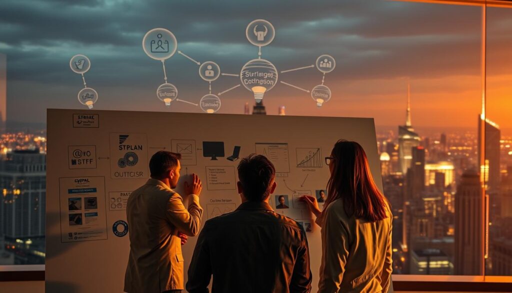 A vibrant, cinematic scene depicting strategies big companies used to achieve multi-million dollar sales. In the foreground, a team of executives brainstorming on a sleek, minimalist whiteboard, deep in thought. Surrounding them, the middle ground showcases various marketing tactics - digital ads, influencer partnerships, targeted promotions. In the background, a bustling city skyline reflects the global reach and scale of these enterprises. Warm, directional lighting casts dramatic shadows, evoking a sense of ambition and determination. The overall mood is one of calculated innovation, as these companies strive to unlock unprecedented growth and success.