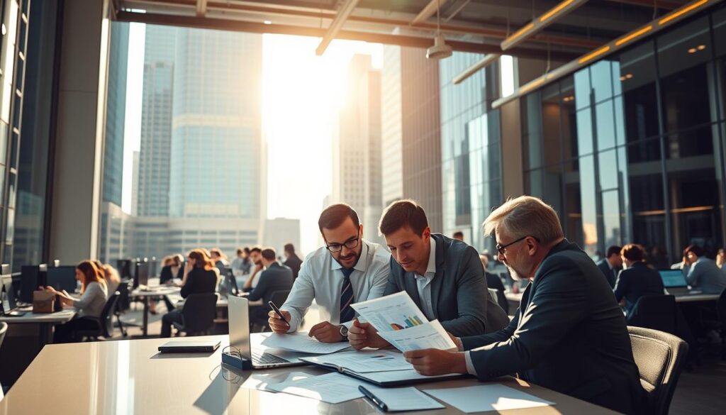 A bustling office setting, with towering skyscrapers and bright sunshine filtering through large windows. In the foreground, a group of business executives huddled around a conference table, pouring over sales reports and charts. Soft, diffused lighting highlights the intensity of their discussion, as they strategize ways to scale their company's sales to new heights. In the background, teams of sales representatives make calls, tap away at keyboards, and collaborate on innovative marketing campaigns. An atmosphere of focused determination and collaborative energy pervades the scene, capturing the essence of how big companies utilize a multitude of strategies to achieve remarkable sales growth.