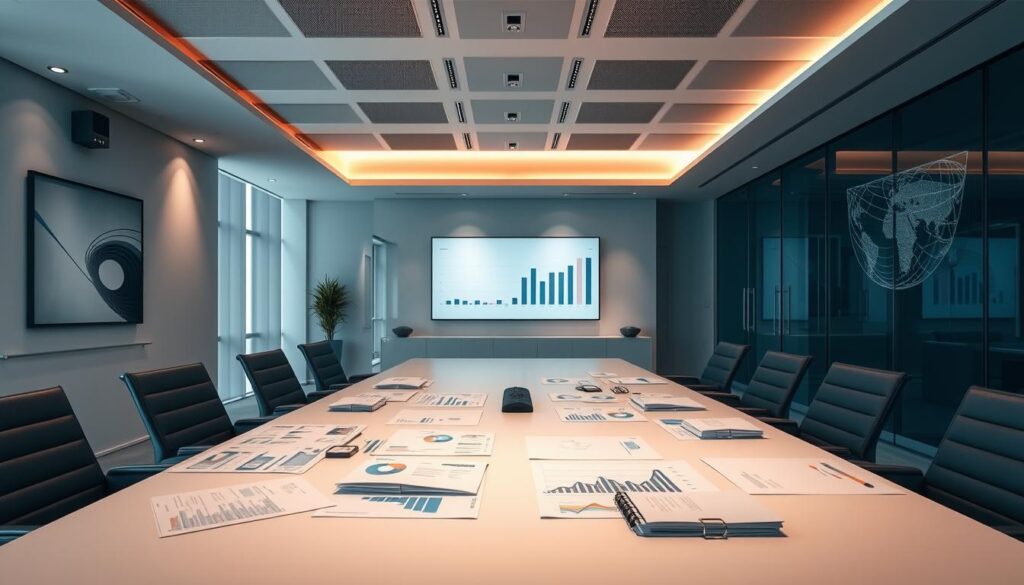 A sleek, modern office interior with a large, well-lit conference table. On the table, various business reports, graphs, and financial documents are neatly arranged, suggesting a focus on corporate strategy and revenue analysis. The walls are adorned with minimalist artwork and company branding, creating a professional, sophisticated atmosphere. Soft, directional lighting casts a warm glow, highlighting the attention to detail and the purposeful arrangement of the elements. The scene conveys a sense of strategic planning, data-driven decision-making, and a commitment to achieving organizational goals and revenue targets.