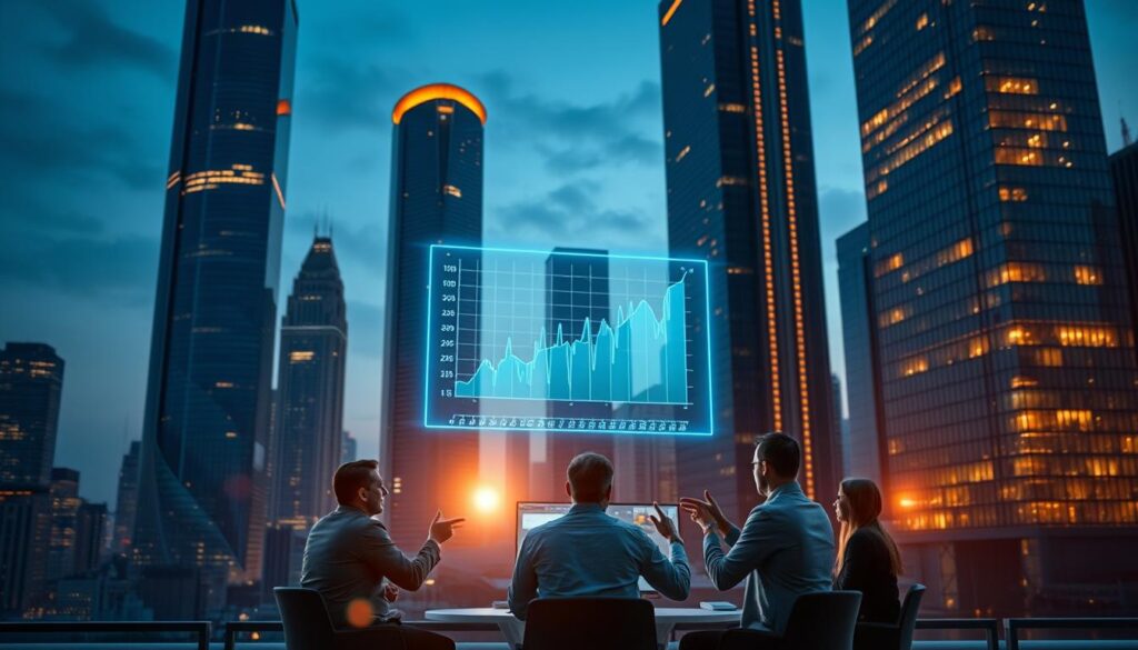 A dynamic cityscape at twilight, the towering skyscrapers a testament to digital transformation in enterprise sales. Sleek, glass-paneled facades reflect the glow of holographic displays, showcasing cutting-edge sales solutions. In the foreground, a team of professionals huddles around a futuristic conference table, gesturing towards a three-dimensional sales forecast projected above. The lighting is soft and warm, creating an atmosphere of innovation and collaboration. Subtle lens flares add a sense of depth and mystery, hinting at the power of data-driven decision-making. The overall scene conveys the seamless integration of technology and sales, a vision of the future where enterprise success is defined by digital agility.