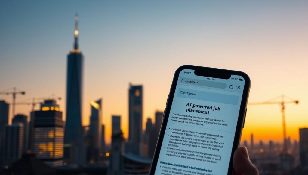 A bustling city skyline at dusk, with towering skyscrapers and cranes dotting the horizon. In the foreground, a smartphone screen displays a classified ad for an AI-powered job placement service, its sleek interface juxtaposed against the urban landscape. Warm, diffused lighting filters through the scene, creating a sense of anticipation and opportunity. The overall composition suggests the powerful intersection of technology and the evolving economic landscape, hinting at the transformative impact of AI on the future of work.